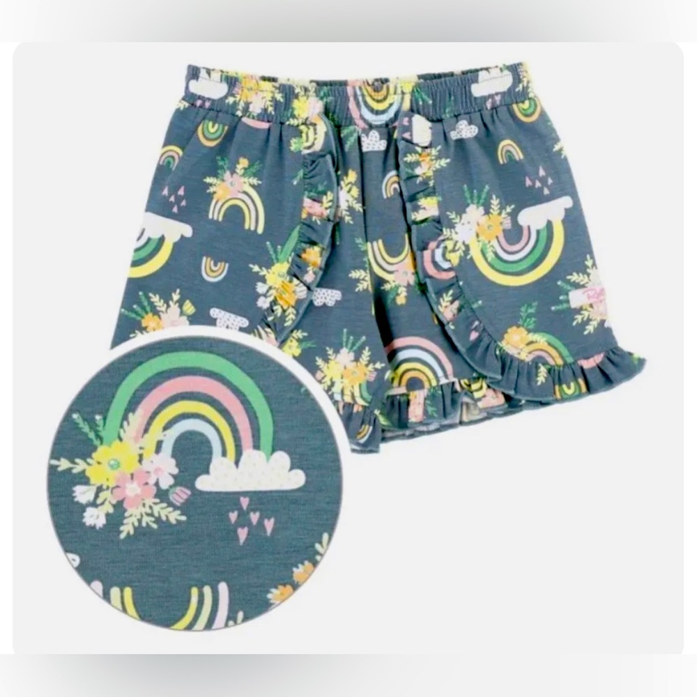 RuffleButts Girl Ruffled Trimmed Rainbow Printed Knit Shorts